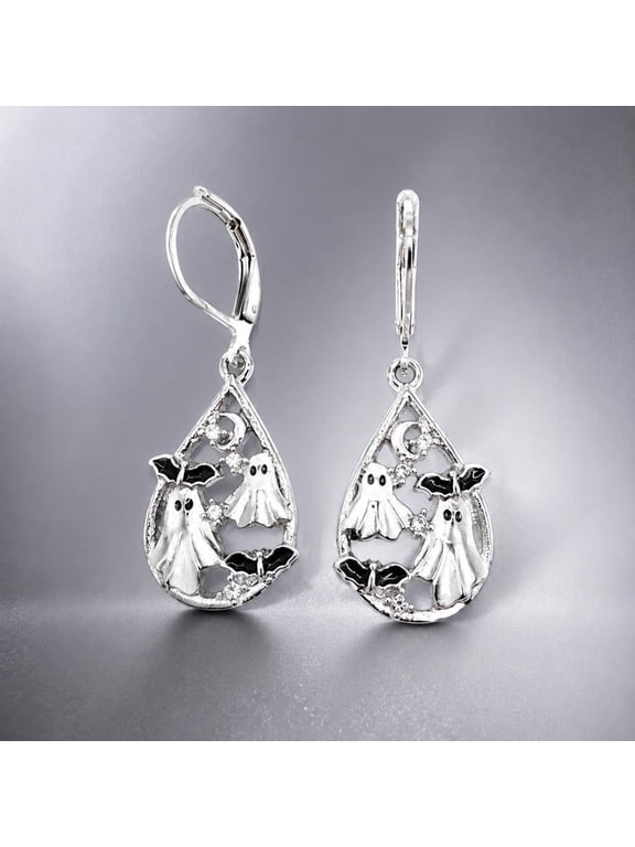 Halloween Ghost Bat Teardrop Dangle Earrings, Silver Tone Hollow Moon Crystal Leverback Earrings, Cute Spooky Festive Jewelry for Halloween Party Cosplay Daily Wear