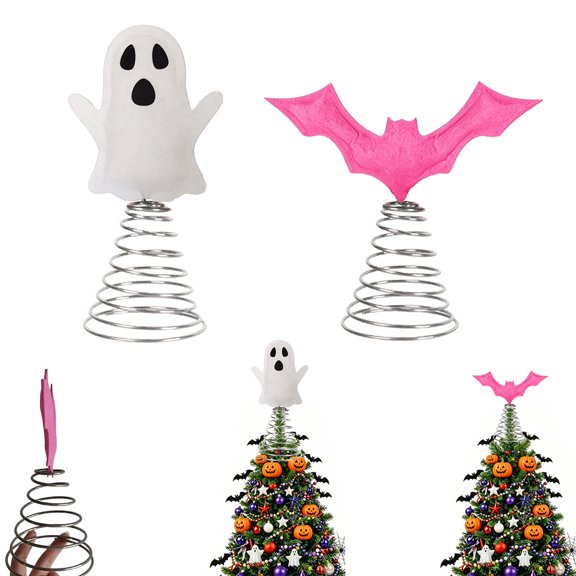Halloween Ghost Bat Tree Topper, Lightweight Secure Fit Branch Friendly Tree Top Ornament, Spooky Decor for Tabletop Christmas Tree Shelf Mantel Home Holiday Decor, White