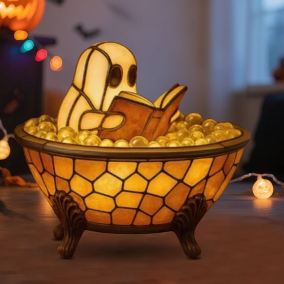 Halloween Ghost Bath Lamp Centerpiece | Witch Hat Reading Figurine | Hexagonal Pattern Glass | LED Tabletop Fireplace Shelf Decor | Vintage Claw Foot Tub | Turquoise Amber | Whimsical Ornament
