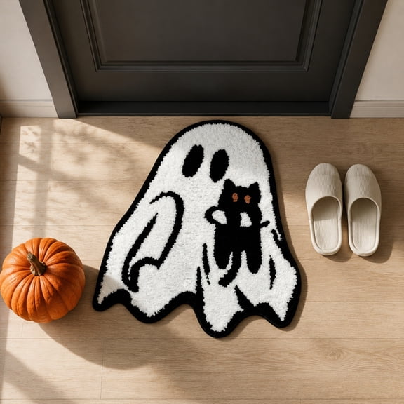 Halloween Ghost Bathroom Rug,Cute Ghost Holding Black Cat Bath Mat Soft Absorbent Spooky Decor for Bathroom & Bedroom (Non-Slip Backing) 23.62*15.74 In