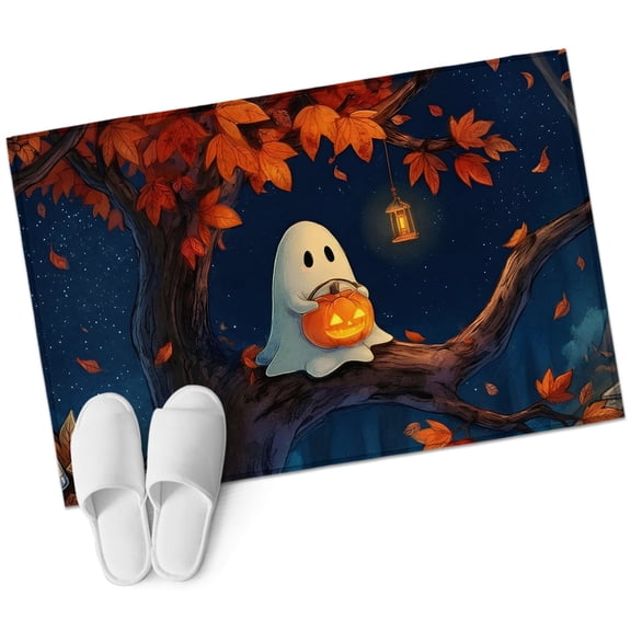Halloween Ghost Bathroom Rug Washable 2x3 Entryway Rug Non Slip Horror Pumpkin Light Maple Leaves Tree Front Door Mat Low Pile Indoor Doormat Throw Floor Carpet for Kitchen Bedroom Entrance