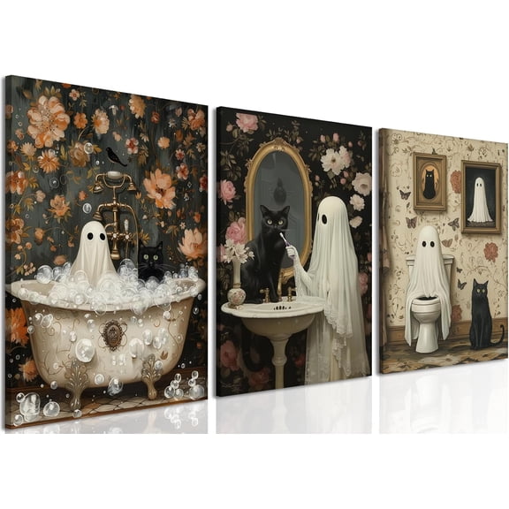 Halloween Ghost Bathroom Wall Art Set of 3, Funny Gothic Wall Decor Dark Academia Decor Pictures, Horror Ghost and Black Cat in Bathroom Poster Canvas Prints 12x16 inch Framed