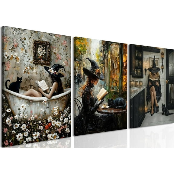 Halloween Ghost Bathroom Wall Art Set of 3, Funny Gothic Wall Decor Dark Academia Decor Pictures, Horror Ghost and Black Cat in Bathroom Poster Canvas Prints