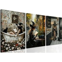 Halloween Ghost Bathroom Wall Art Set of 3, Funny Gothic Wall Decor Dark Academia Decor Pictures, Horror Ghost and Black Cat in Bathroom Poster Canvas Prints