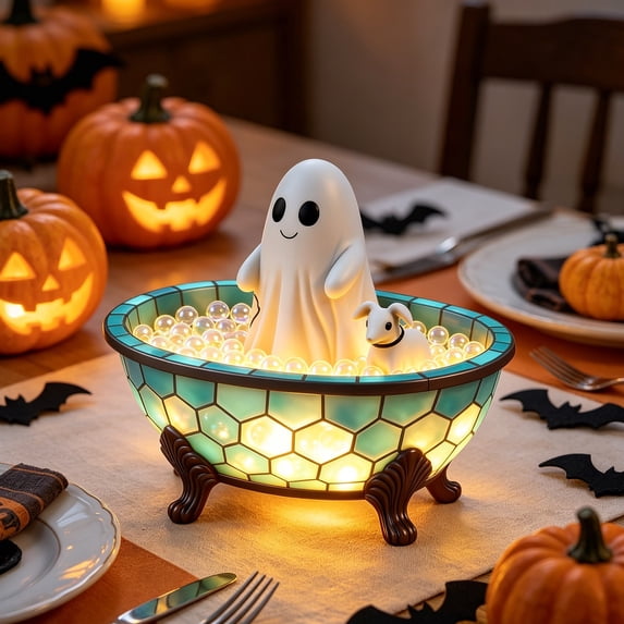 Halloween Ghost Bathtub Night Light, Stained Glass Warm LED Lamp, Cute Spooky Fall Decor for Bedroom Table