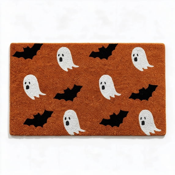 Halloween Ghost Bats Coir Mat, Spooky Non Slip Holiday Entry Rug, Decorative Floor Mat for Front Porch Home Entrance Party 20*32IN