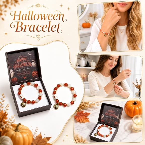 Halloween Ghost Beaded Bracelet, Orange White Acrylic Bead Stretch Jewelry with Pumpkin Charm for Women Teens, Spooky Party Favor Gift