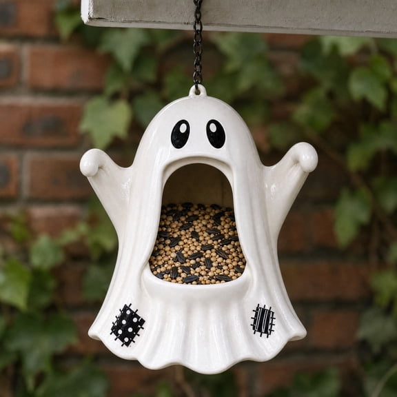 Halloween Ghost Bird Feeder, Spooky Bird Feeding Station with Weatherproof Hanging Design, Cute Haunted Outdoor Garden Decor, Durable Birdfeeder for Birds for Yard, Patio, Porch, Lawn and Window