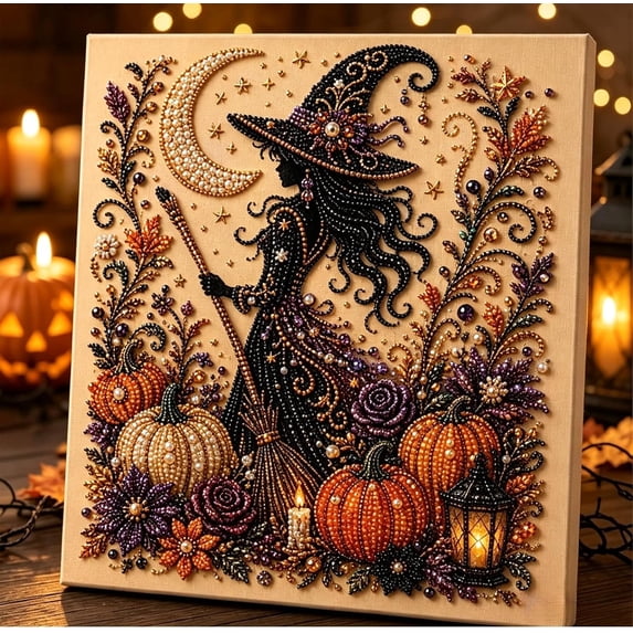 Halloween Ghost & Black Cat Pearl Art DIY Kit, Fall Season Handmade Pearl Canvas Painting Set for Adults, Spooky Cute Craft Ornament, Gothic Home Wall Decor