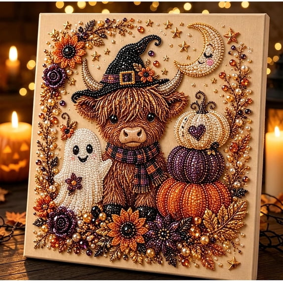 Halloween Ghost & Black Cat Pearl Art DIY Kit, Fall Season Handmade Pearl Canvas Painting Set for Adults, Spooky Cute Craft Ornament, Gothic Home Wall Decor