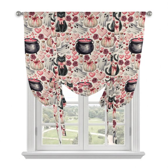 Halloween Ghost Black Cat Potion Tie Up Curtains,Adjustable Rod Pocket Window Shade Curtain Drape Seamless Pumpkin Heart Flax Tie-Up Valance for Kitchen Bedroom Living Room Windows,34"x45"