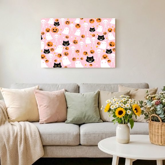 Halloween Ghost Black Cat Pumpkin Framed Canvas Wall Art Print in USA,Canvas Pictures Painting Prints Horror Theme on Pink Wall Artwork for Home Office Living Room Bedroom Decor,10"x8"