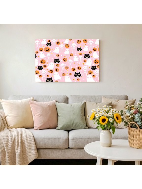 Halloween Ghost Black Cat Pumpkin Framed Canvas Wall Art Print in USA,Canvas Pictures Painting Prints Horror Theme on Pink Wall Artwork for Home Office Living Room Bedroom Decor,10"x8"