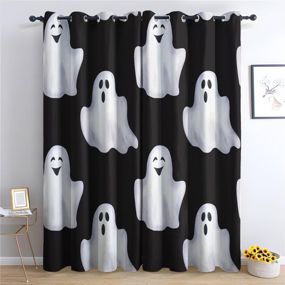 Halloween Ghost Blackout Curtains, Adorable Spooky Ghost Curtains for Bedroom Living Room Decor, Black White Window Curtain Drapes Grommet Thermal Insulated, 42 x 63 Inch 2 Panels Set