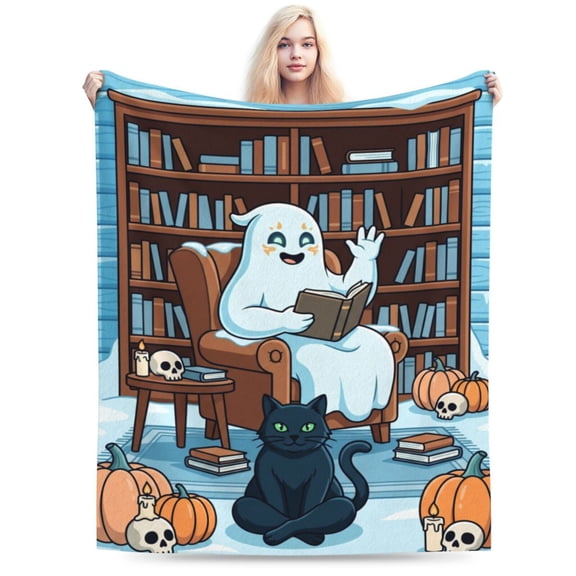 Halloween Ghost Blanket Pumpkin Book Lovers Gifts Spooky Reading Throw Blanket Bookworm Horror Gifts for Basket Women Bookish Librarian Book Club Reader 50x40