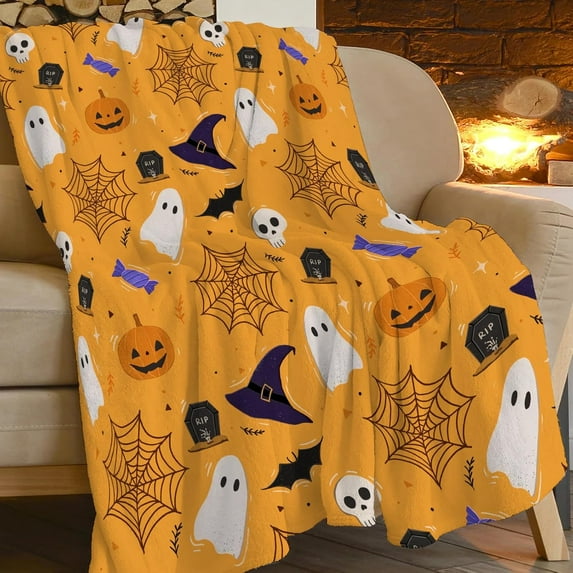 Halloween Ghost Blanket Soft Cozy Pumpkin Spider Web Throw Blanket Super Plush Warm Skull Witch Hat Bat Fluffy Fleece Halloween Decor Flannel Gifts Blankets for Kids Adults 50"X40"
