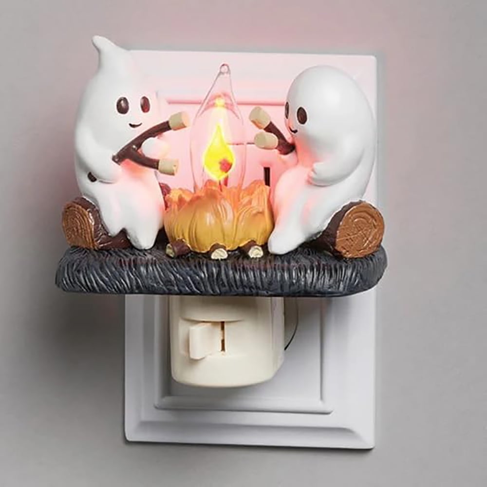 Halloween Ghost Bonfires 3D Flashing Night Lights, LED Ghost Campfire Flickering Nightlight, 2 Ghosts Roasting Marshmallows, Spooky Fire Marshmallow Night Light Family Decorations