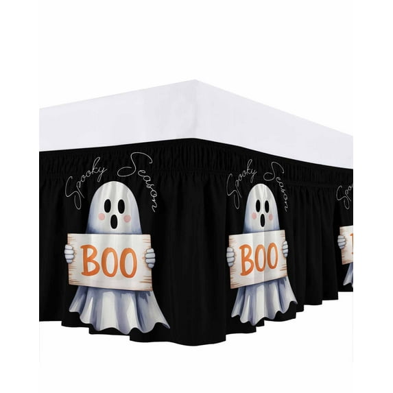 Halloween Ghost Boo Bed Skirt Watercolor Art Abstract Retro Black Bed Skirts Queen Size 18 Inch Drop, Wrap Around Dust Ruffle Bedskirt with Adjustable Elastic Belt for Queen Size Beds