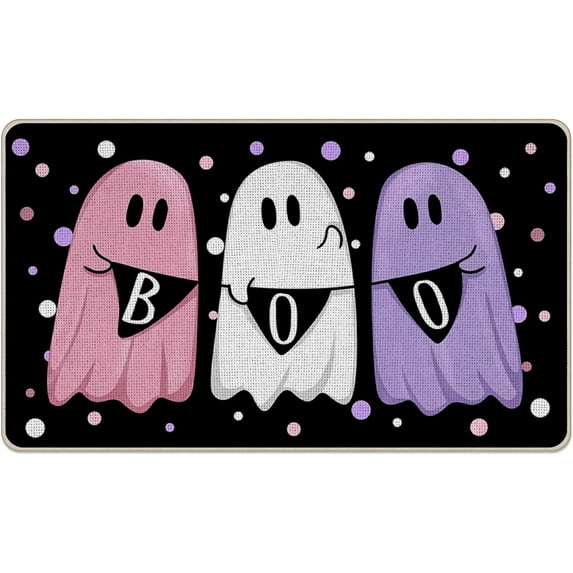 Halloween Ghost Boo Decorative Front Door Mat, Spooky Welcome Doormat Indoor Outdoor Non-Slip Floor Entryway Rug, Funny Holiday Polka Dot Home Kitchen Decoration 17x30 Inch