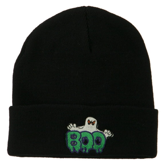 Halloween Ghost Boo Embroidered Long Beanie - Black OSFM