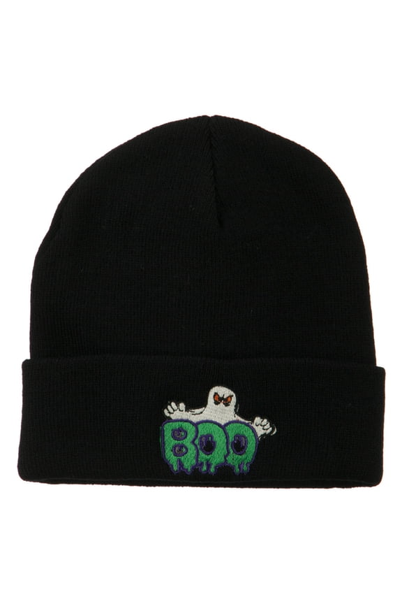 Halloween Ghost Boo Embroidered Long Beanie - Black OSFM