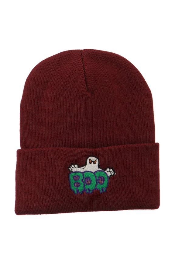 Halloween Ghost Boo Embroidered Long Beanie - Maroon OSFM