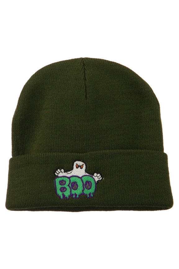 Halloween Ghost Boo Embroidered Long Beanie - Olive OSFM