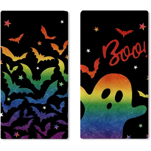 Halloween Ghost Boo Kitchen Dish Towels Set of 2, Spooky Rainbow Bat Stars Drying Hand Towels Baking Cooking Cloth, Funny Home Kitchen Decoration 18 x 26 Inch