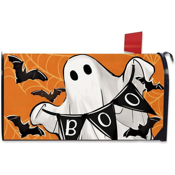 Halloween Ghost Boo Mailbox Cover Magnetic Standard Size 20.5" x 18", Spooky Bat Spider Web Decorative Post Letter Box Wrap Decor, Funny Orange Garden Yard Outdoor Decoration
