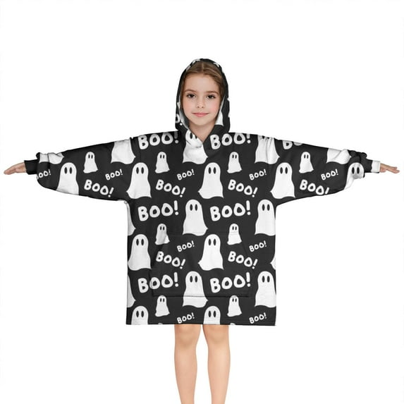Halloween Ghost Boo Pattern Blanket Hoodies for Kids 6-13YR Oversize Wearable Blanket Hoodies for Boys Girls Teens
