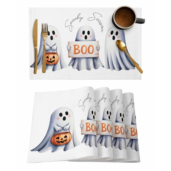 Halloween Ghost Boo Placemats Set of 2 Watercolor Art Abstract Retro Heat Insulation Washable Place Mats, Rustic Non-Slip Table Mats for Dining Table Party Kitchen Decor,13x19 Inch