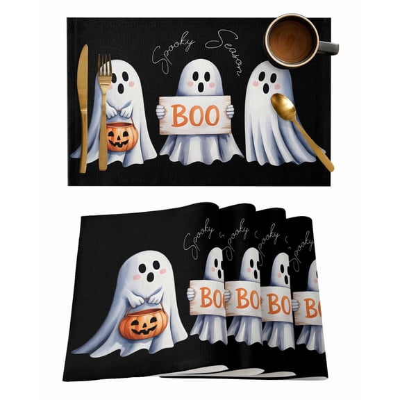 Halloween Ghost Boo Placemats Set of 4 Watercolor Art Abstract Retro Black Heat Insulation Washable Place Mats, Rustic Non-Slip Table Mats for Dining Table Party Kitchen Decor,13x19 Inch