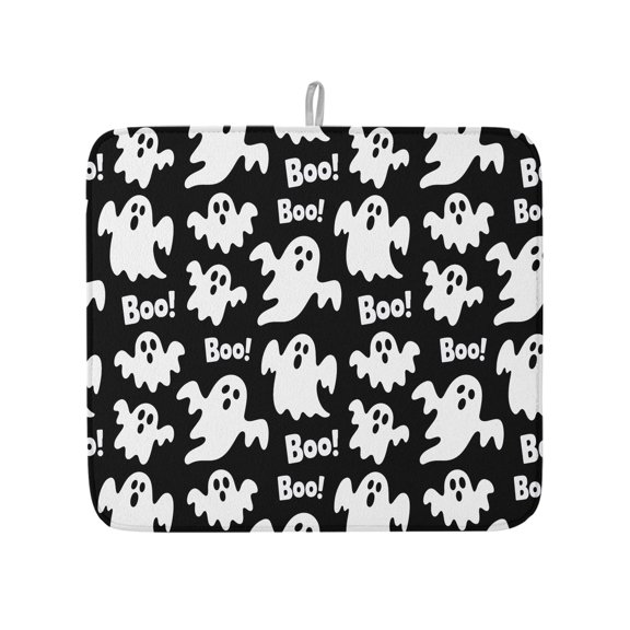 Halloween Ghost Boo Text Dish Drying Mats for Kitchen Counter,Absorbent Microfiber Dish Drainer Rack Mat Horror Black White Drying Pad for Sinks,Utensils,Countertops,16x18in