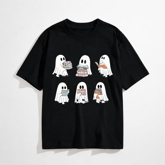 Halloween Ghost Book Lover Graphic T-Shirt for Women, Cute Reading Short Sleeve Casual Shirt