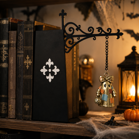 Halloween Ghost Bookend, 7.87-Inch Black Iron Bookshelf Holder with Hanging Ghost Charm for Gothic Library, Study Desk, Reading Corner and Home Decor