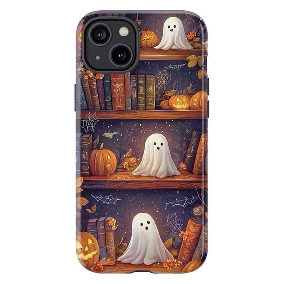 Halloween Ghost Bookshelf Phone Case for iPhone 16 15 14 13 12 11 Pro Max Mini Plus – Cute Spooky Pumpkin, Cobweb & Autumn Decor Phone Cover