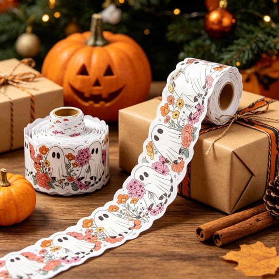 Halloween Ghost Border Stickers, Purple Ghost Decor Decals, Waterproof Notice Board Border, Spooky Wall Edge Stickers, 4in*16ft Adhesive Decor for Household Space, Home & Halloween Party Scene Decor