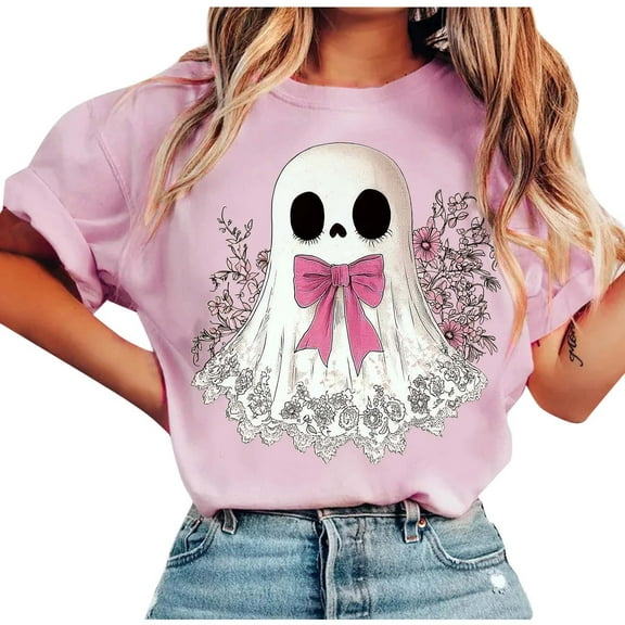 Halloween Ghost Bow T-Shirt Women Cute Graphic Tee Fall Short Sleeve Funny Spooky Costume Tops