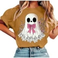 thumbnail image 1 of Halloween Ghost Bow T-Shirt Women Cute Graphic Tee Fall Short Sleeve Funny Spooky Costume Tops, 1 of 3