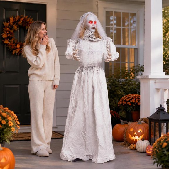 Halloween Ghost Bride Decoration, 5.7 ft life-size, with turning head, glowing eyes and sound activation