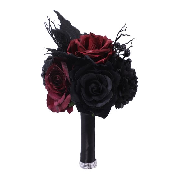 Halloween Ghost Bride Rose Bouquet Spooky Wedding Flower Props with Skull for Gothic Party Decor Haunted House Photography,Indoor Outdoor Decor,Floral Gothic Decor for Halloween Weddings