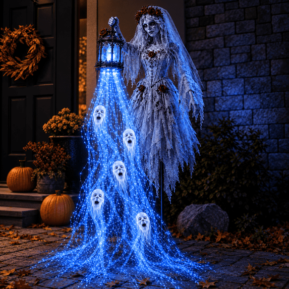 Halloween Ghost Bride Yard Stake, Light Up Ghost Decoration with Lantern and Blue Lights for Lawn Pathway Porch, 23.6 in