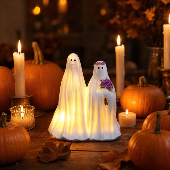 Halloween Ghost Bride and Groom Figurine, 3.93in Resin Light-Up Wedding Couple for Tabletop Decor