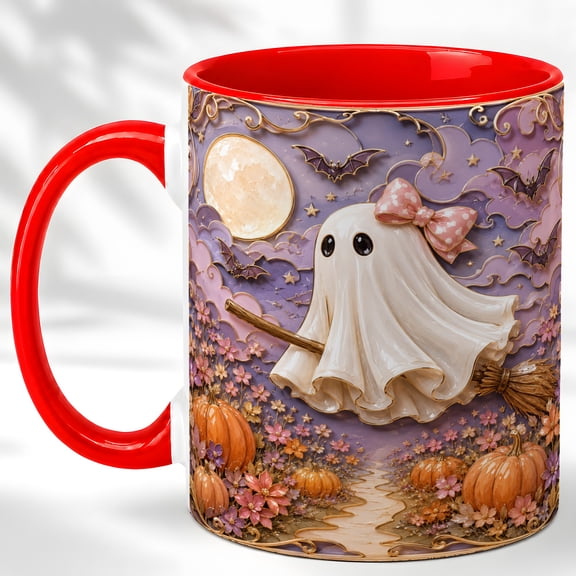 Halloween Ghost Broom Coffee Mug, Cute Ghost Mug, Ceramic Cup