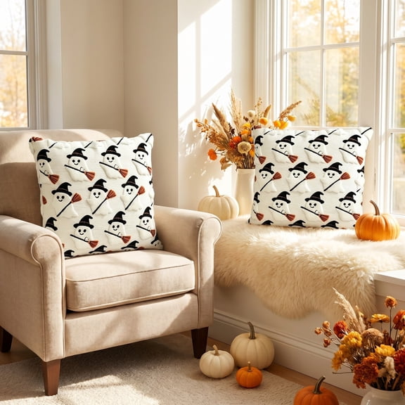 Halloween Ghost Broom Quilted Throw Pillow Cover, Spooky Festive Square Cushion Case, Decorative Pillowcase for Sofa, Couch, Bed, Living Room, Porch and Halloween Home Decoration, Multicolor