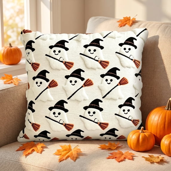 Halloween Ghost Brooms Quilted Throw Pillow Cover 18x18 Soft Polyester Cushion Case Hidden Zipper Spooky Decor for Sofa Living Room by MPOISVA