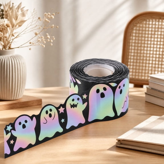 Halloween Ghost Bulletin Board Border Sticker, Holographic Ghost Die Cut Trim Border Roll for Halloween Classroom Chalkboard Decor