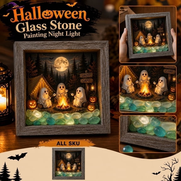 Halloween Ghost Camp Shadow Box Night Light, Wooden Frame Ghost Camping Scene LED Tabletop Lamp, Halloween Decor for Bedroom Indoor Home