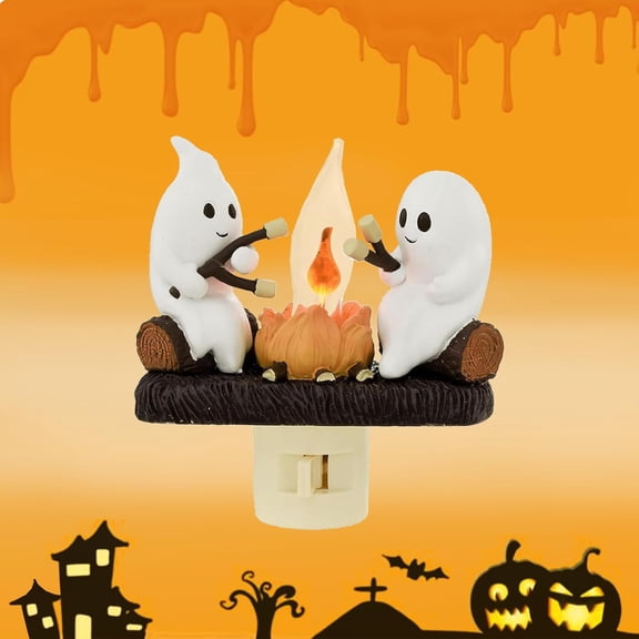Halloween Ghost Campfire Flickering Night Light,3D LED Small Electric Faux Campfire Night Light,Ghosts Campfire Flicker Flame Halloween Nightlight, Halloween Nightlight Decorations