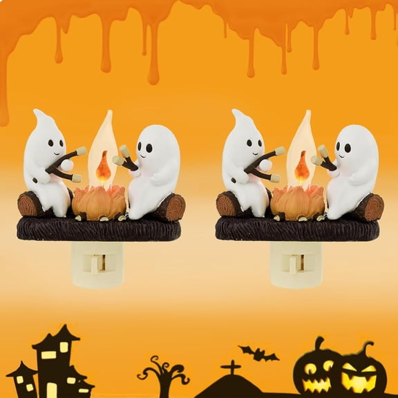 Halloween Ghost Campfire Flickering Night Light,3D LED Small Electric Faux Campfire Night Light,Ghosts Campfire Flicker Flame Halloween Nightlight, Halloween Nightlight Decorations